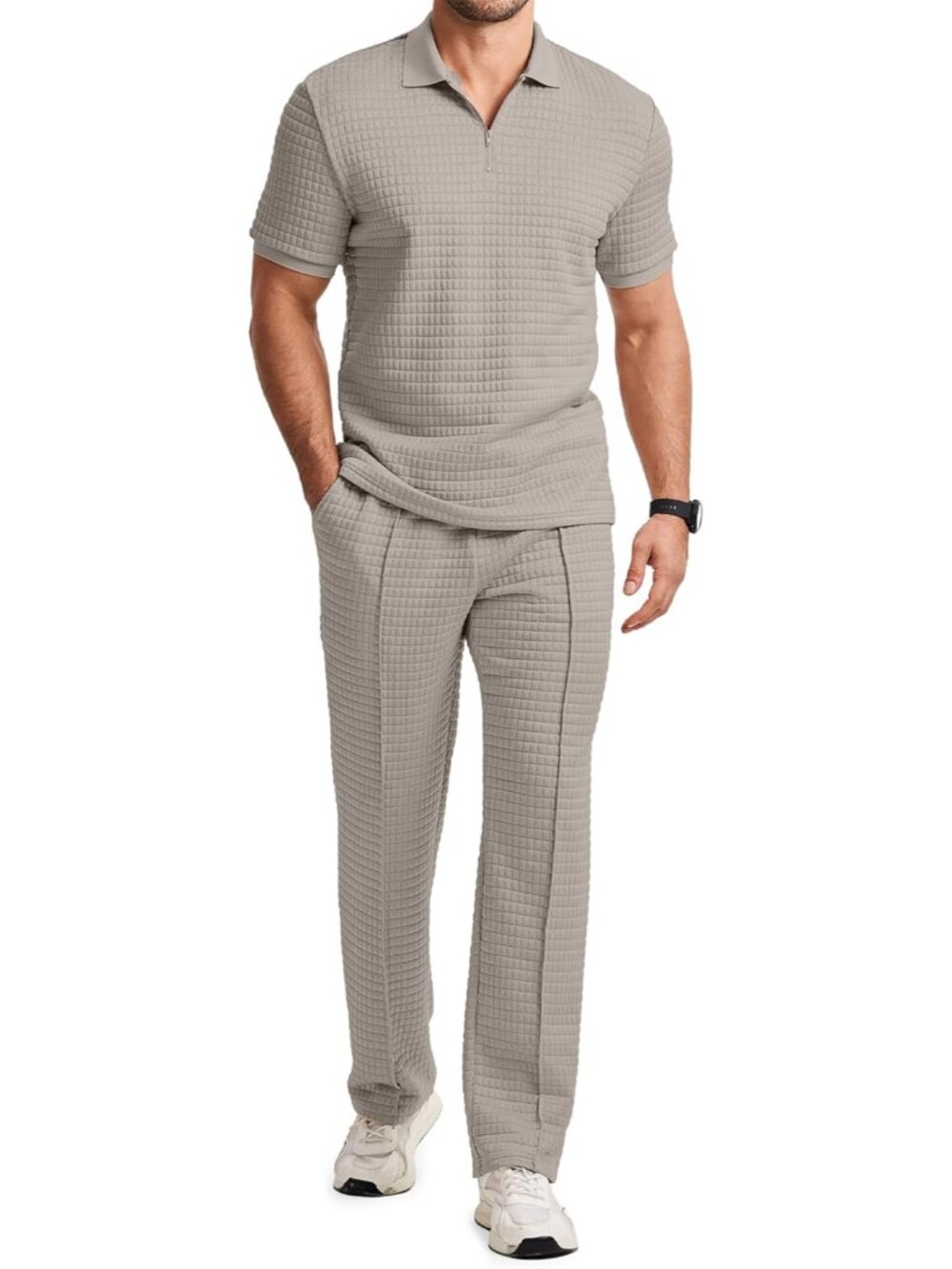 Mens Summer 2 Piece Outfits Short Sets Beach Waffle 1/4 Zip Polo Shirts Casual L